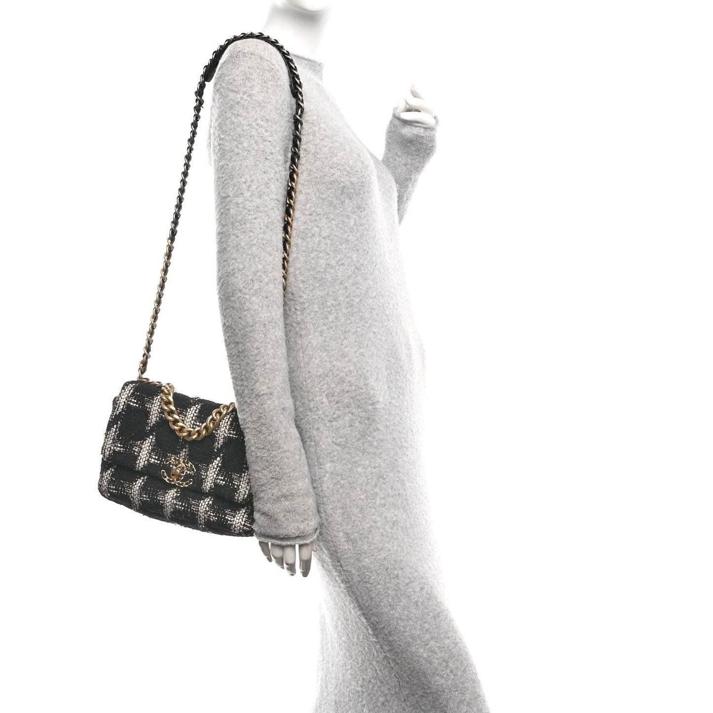 Tweed Quilted Medium Chanel 19 Flap Black White