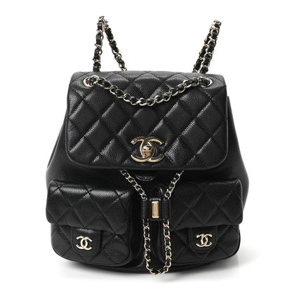 Shiny Caviar Quilted Medium Duma Pockets Drawstring Backpack Black