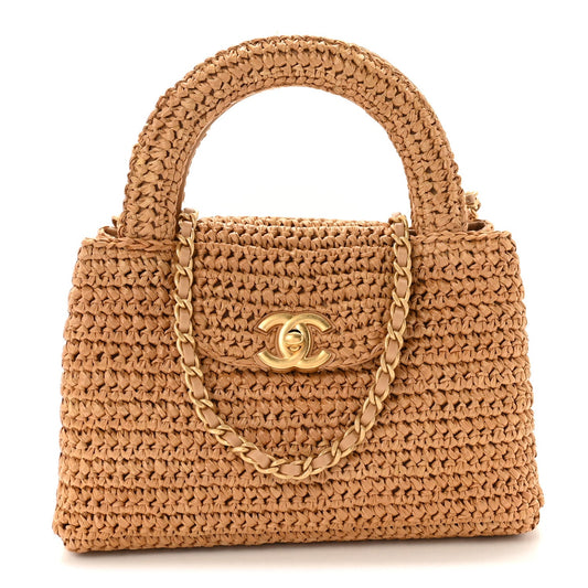 Braided Raffia Nano Kelly Flap Bag Dark Beige