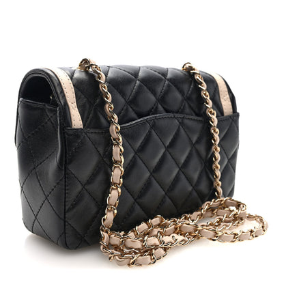Shiny Lambskin Quilted Half Mini Flap Black Beige