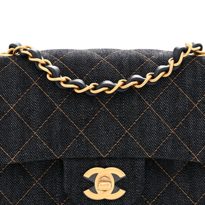 Denim Quilted Mini Rectangular Flap Dark Blue Orange