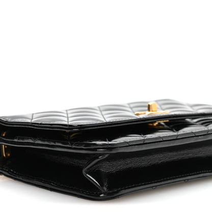 Shiny Crumpled Calfskin Quilted Precious Tie Wallet On Chain WOC Black