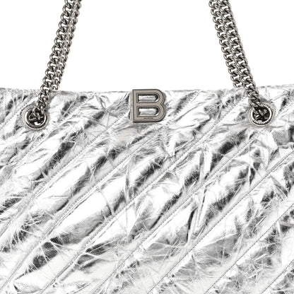 Metallic Crushed Calfskin Quilted Medium Crush Carry All Tote Bag Silver
