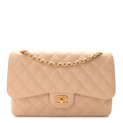 Caviar Quilted Jumbo Double Flap Light Beige