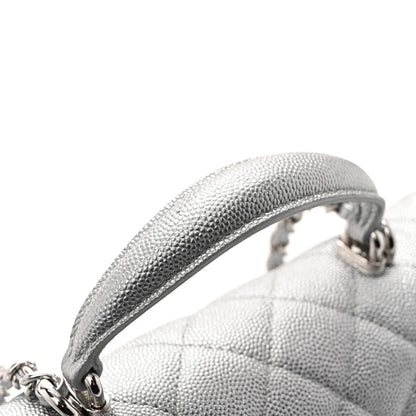 Metallic Caviar Quilted Mini Top Handle Rectangular Flap Silver