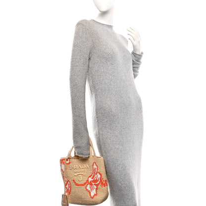 Yarn Raffia Effect Crochet Embroidered Floral Logo Tote Naturale Aranci