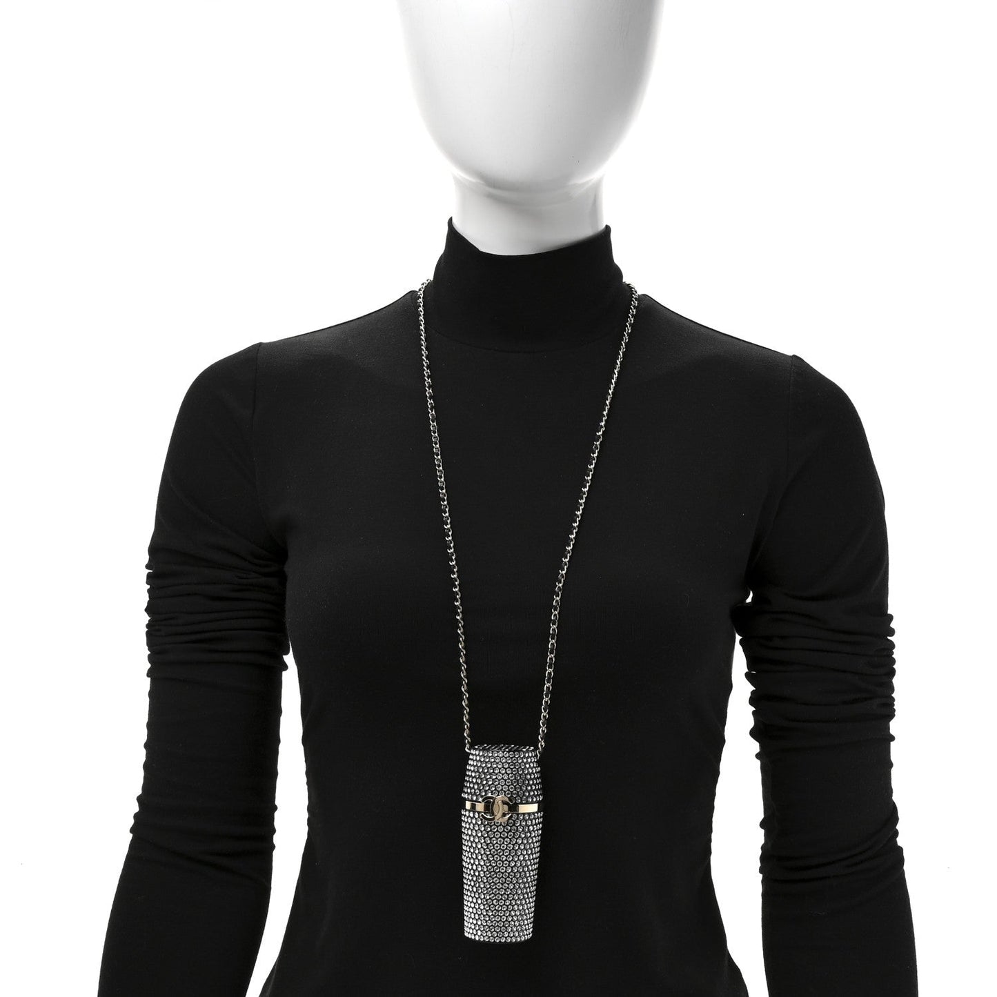 Metal Resin Lambskin Crystal Lipstick Case Long Necklace On Chain Silver Black Gold