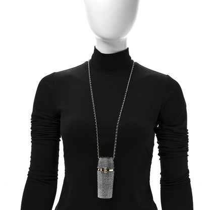 Metal Resin Lambskin Crystal Lipstick Case Long Necklace On Chain Silver Black Gold
