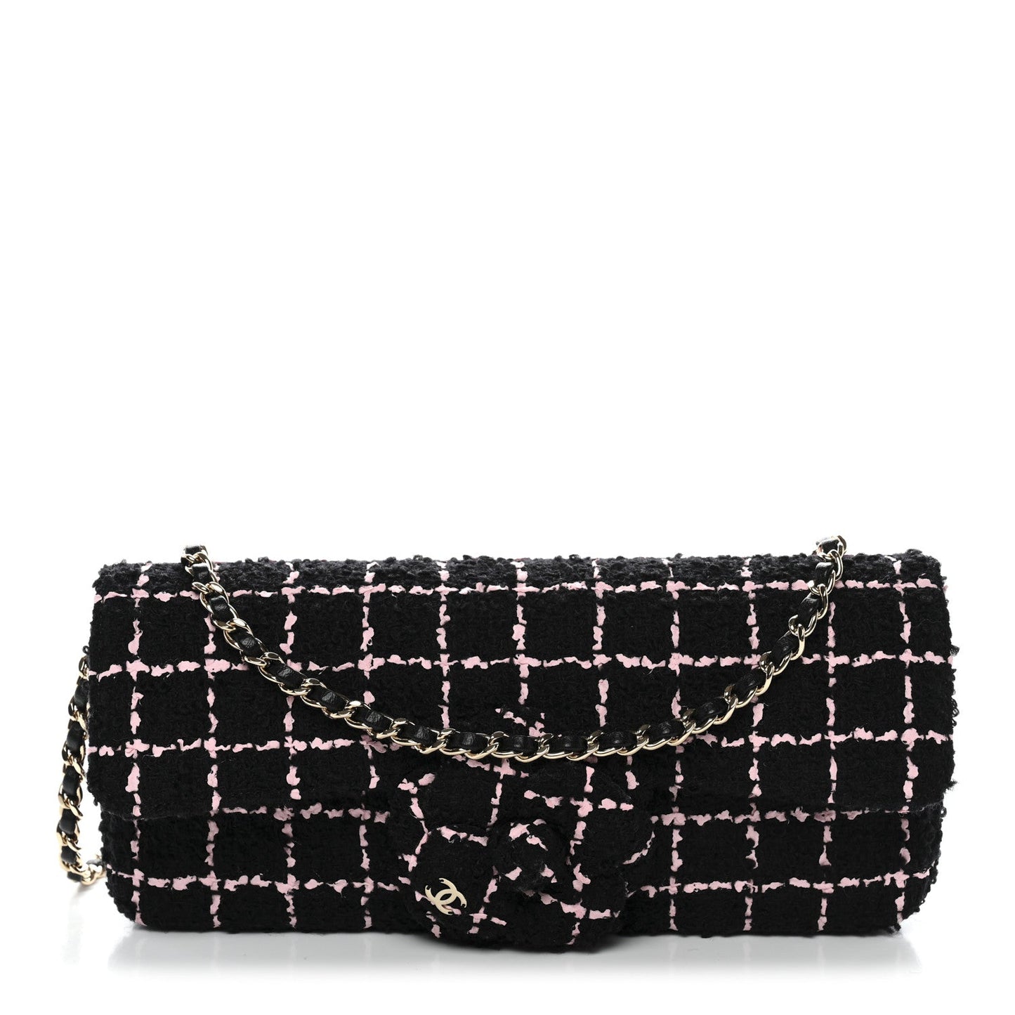 Tweed Quilted East West Camellia Clutch Black Pink