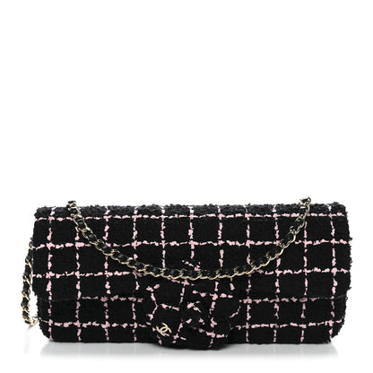 Tweed Quilted East West Camellia Clutch Black Pink