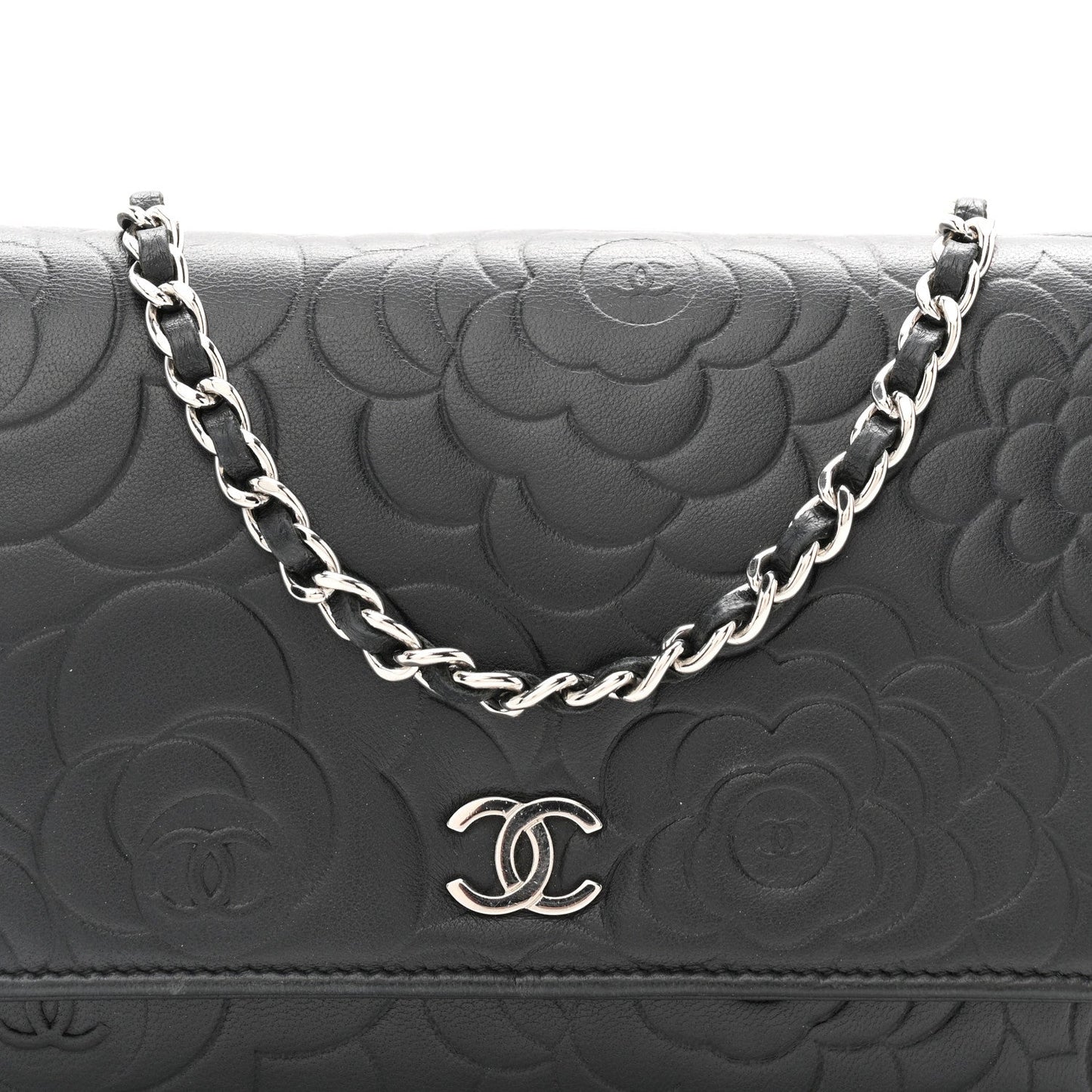 Lambskin Camellia Embossed Wallet On Chain WOC Black