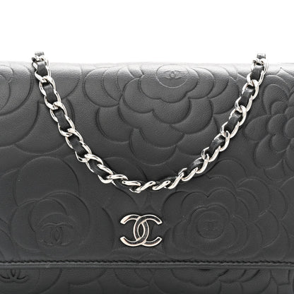 Lambskin Camellia Embossed Wallet On Chain WOC Black