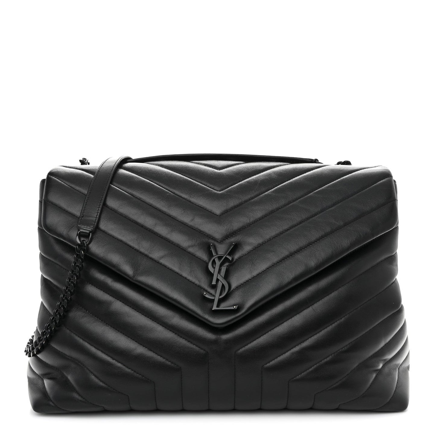 Calfskin Y Quilted Monogram Monochrome Large Loulou Chain Satchel Black