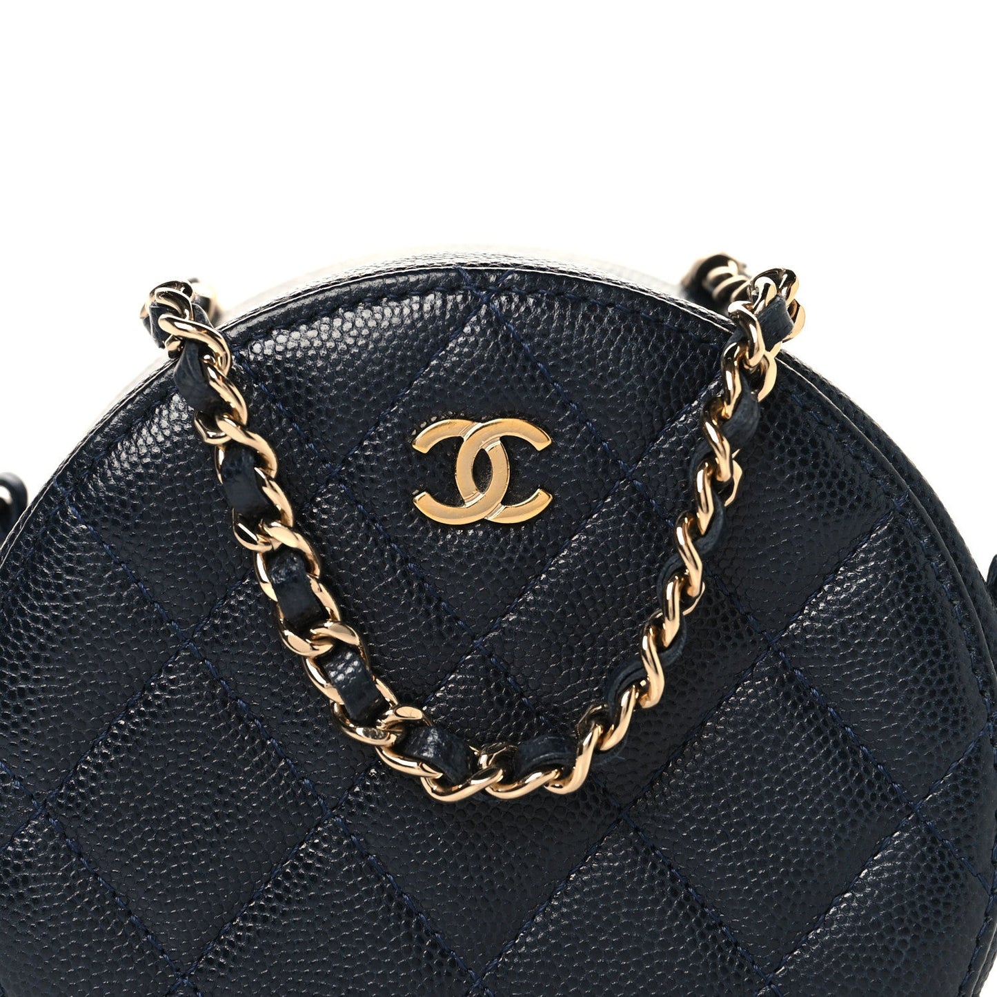 Caviar Quilted Round Clutch With Chain Navy