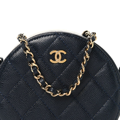 Caviar Quilted Round Clutch With Chain Navy