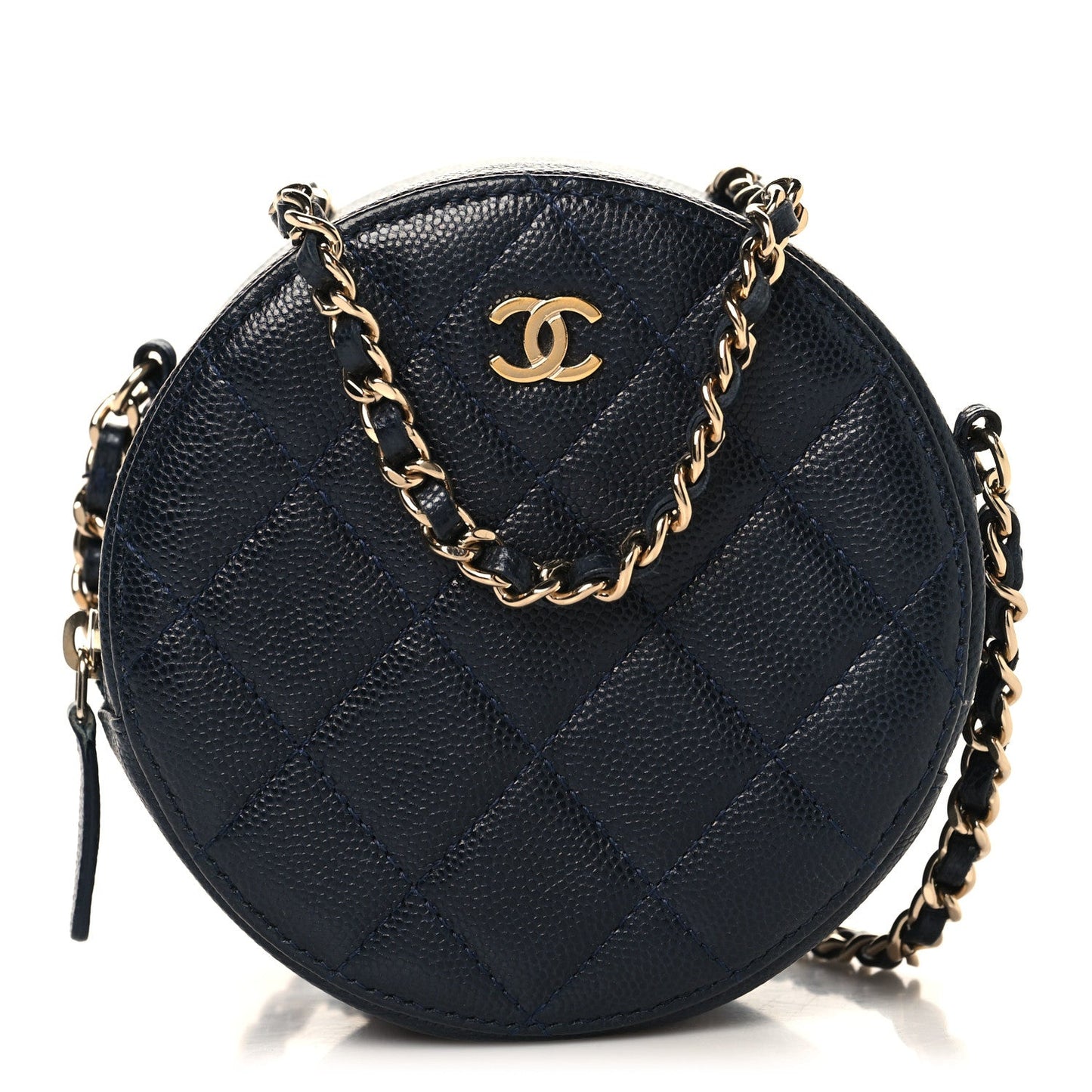 Caviar Quilted Round Clutch With Chain Navy