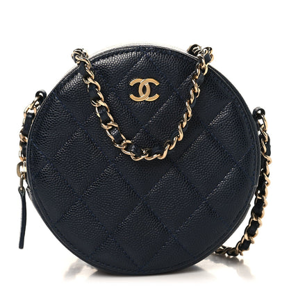 Caviar Quilted Round Clutch With Chain Navy