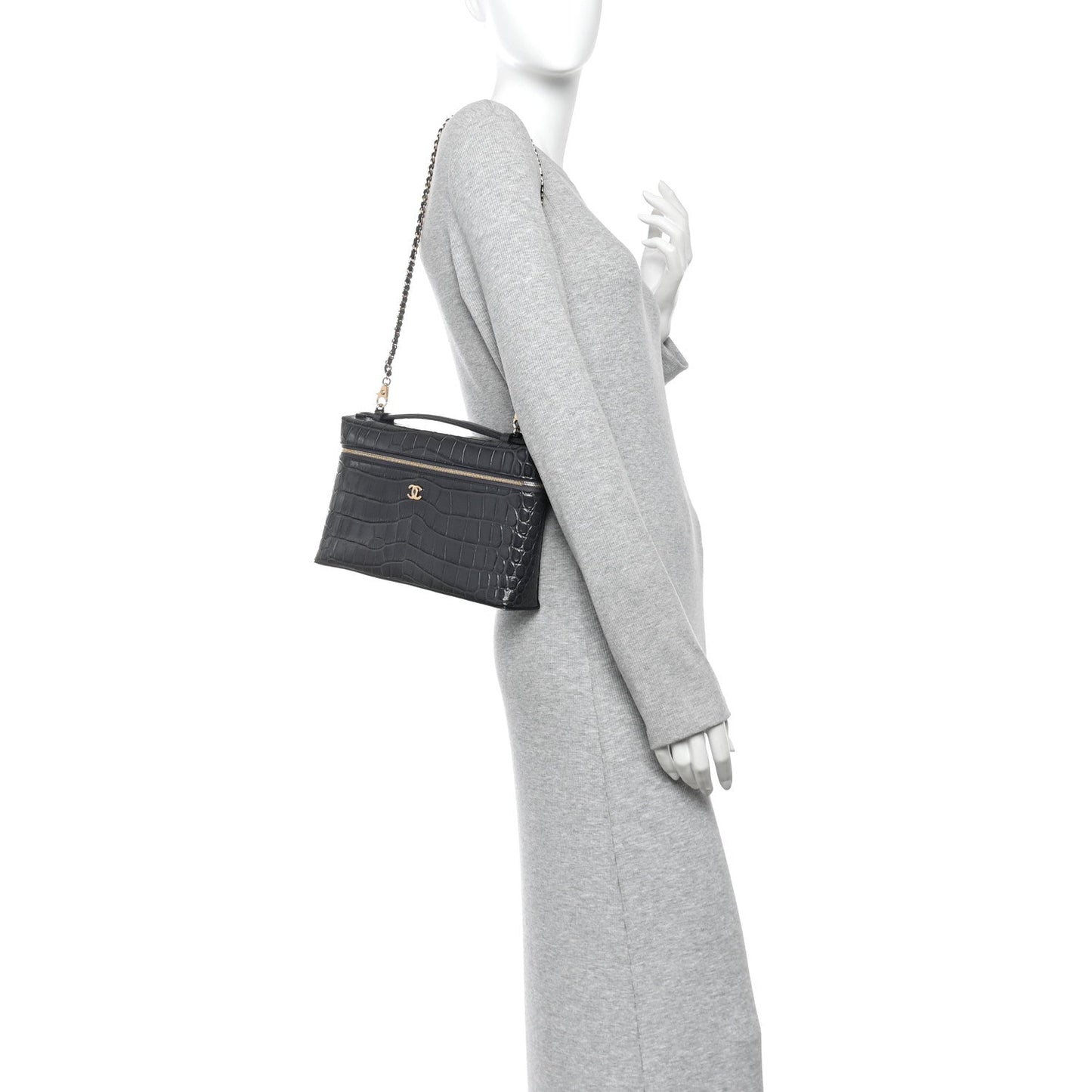 Calfskin Crocodile Embossed Large Top Handle Slim Vanity Case With Chain  Grey