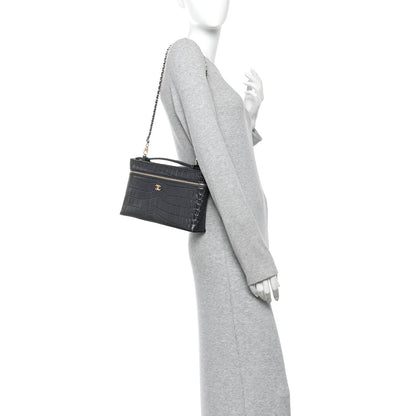 Calfskin Crocodile Embossed Large Top Handle Slim Vanity Case With Chain  Grey