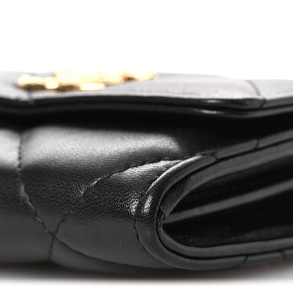 Lambskin Pearl Quilted CC Flap Card Holder With Chain  Black
