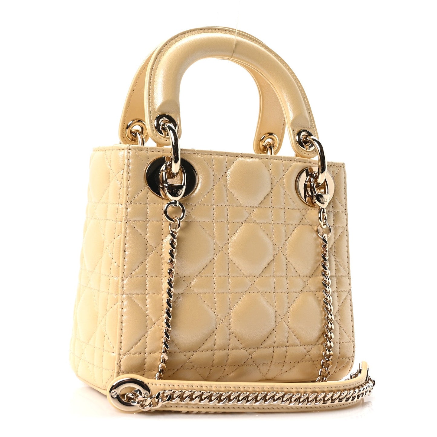 Iridescent Metallic Lambskin Cannage Mini Lady Dior Soft Yellow