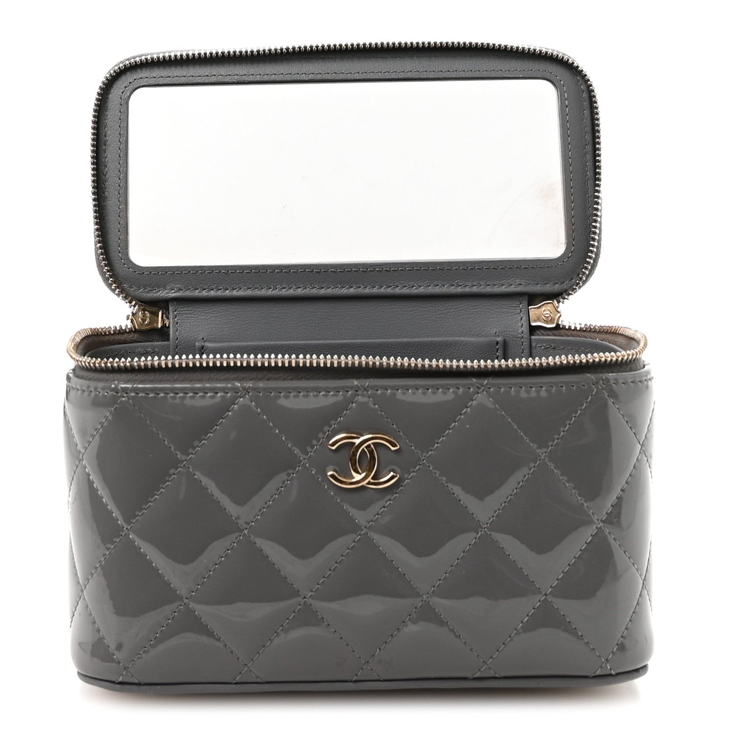 Patent Quilted Quilted Small Top Handle Vanity Case With Chain Grey