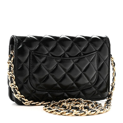 Shiny Lambskin Quilted Golden Links Wallet On Chain WOC Black