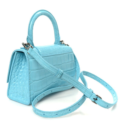 Shiny Calfskin Crocodile Embossed Hourglass Top Handle Bag XS Turquoise