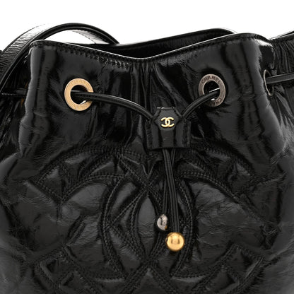 Shiny Aged Calfskin CC Chain Drawstring Bag Black