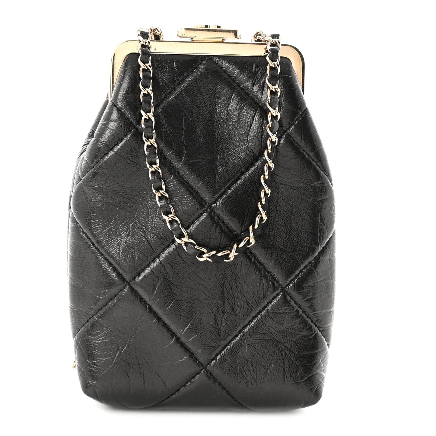 Shiny Aged Lambskin Quilted Kiss Lock Clutch With Chain Black