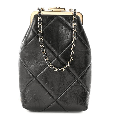 Shiny Aged Lambskin Quilted Kiss Lock Clutch With Chain Black