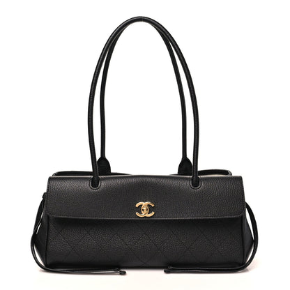 Grained Calfskin Stitched Urban Essentials Small Shopping Bag Black
