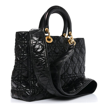 Crinkled Patent Cannage Large Lady Dior Black