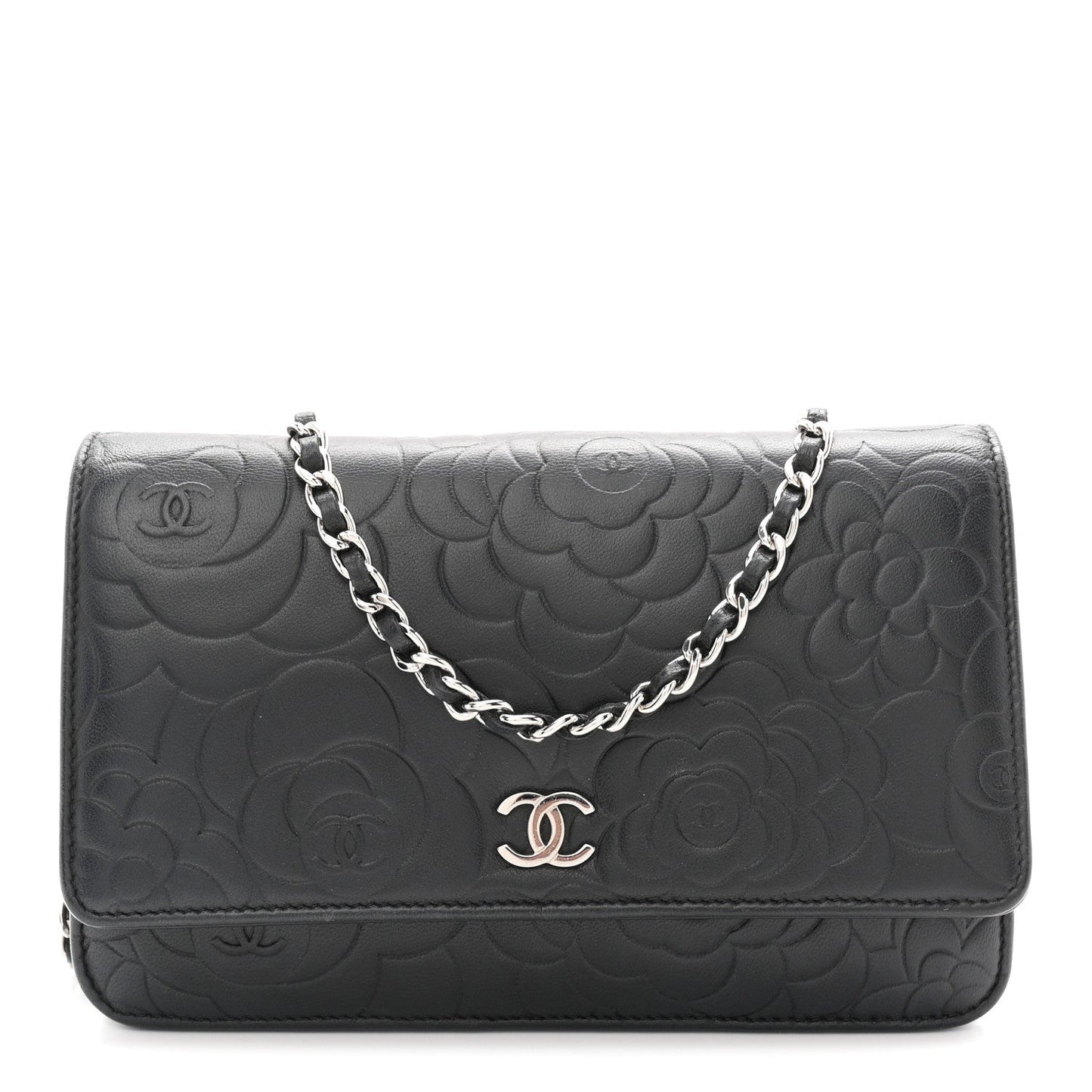Lambskin Camellia Embossed Wallet On Chain WOC Black