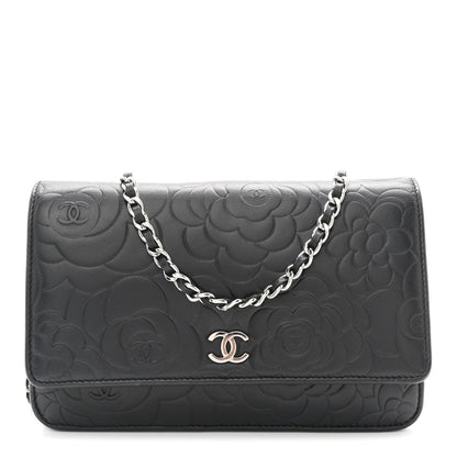Lambskin Camellia Embossed Wallet On Chain WOC Black