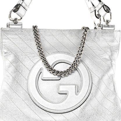 Sakai Be Green Calfskin Diagonal Stitched Small Blondie Tote Silver
