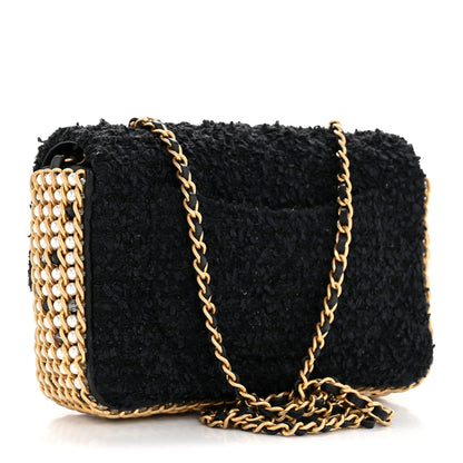 Tweed Quilted Mini Side Pearl Flap Bag Black