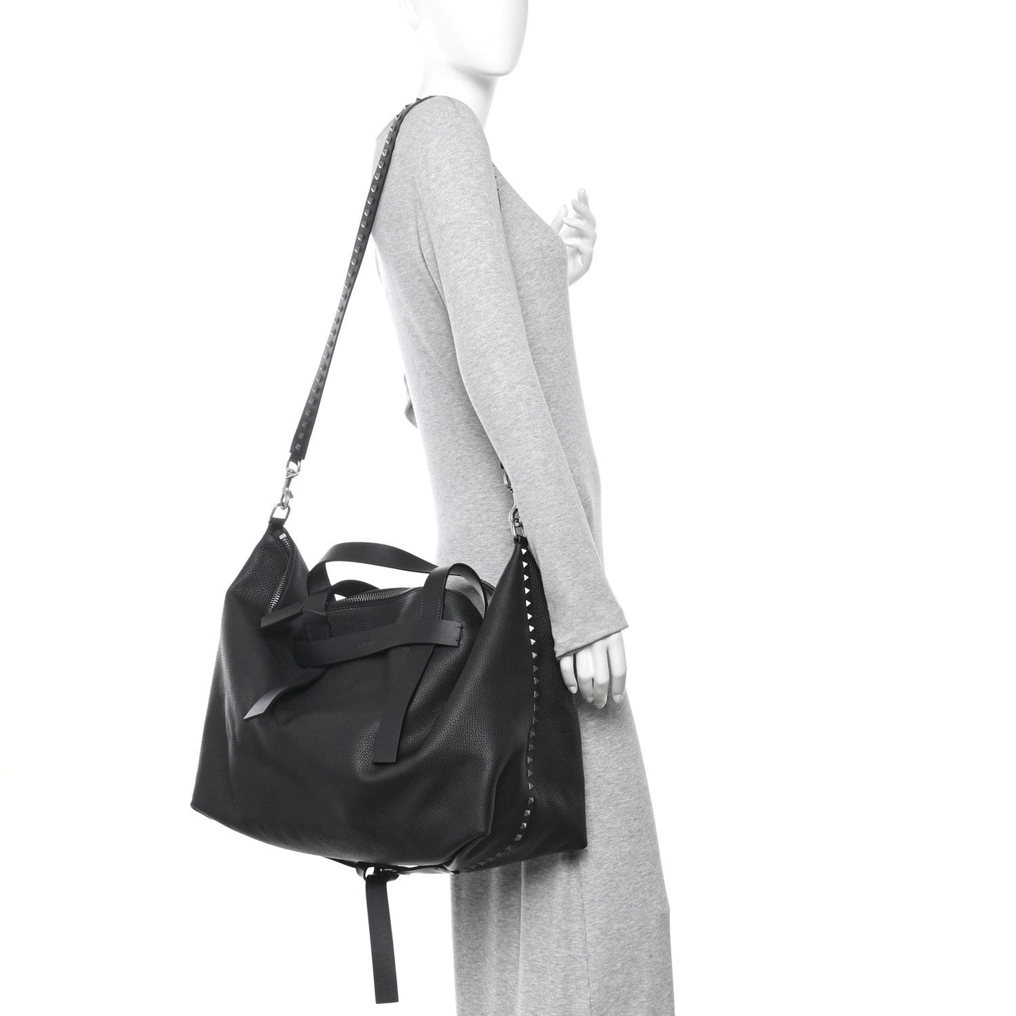 Grained Calfskin Rockstud Travel Tote Bag Black