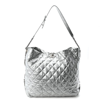 Metallic Crackled Calfskin Quilted Large Big Bang Hobo Silver