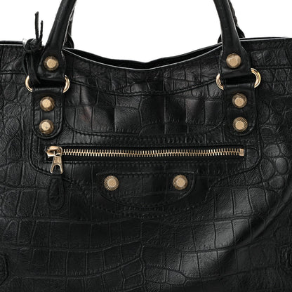 Calfskin Crocodile Embossed Giant 12 Gold Hardware City Black