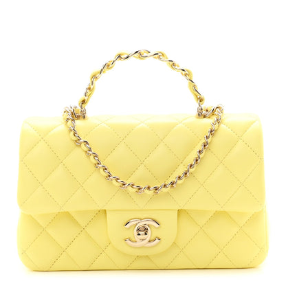 Lambskin Quilted Mini Chain Top Handle Rectangular Flap Light Yellow