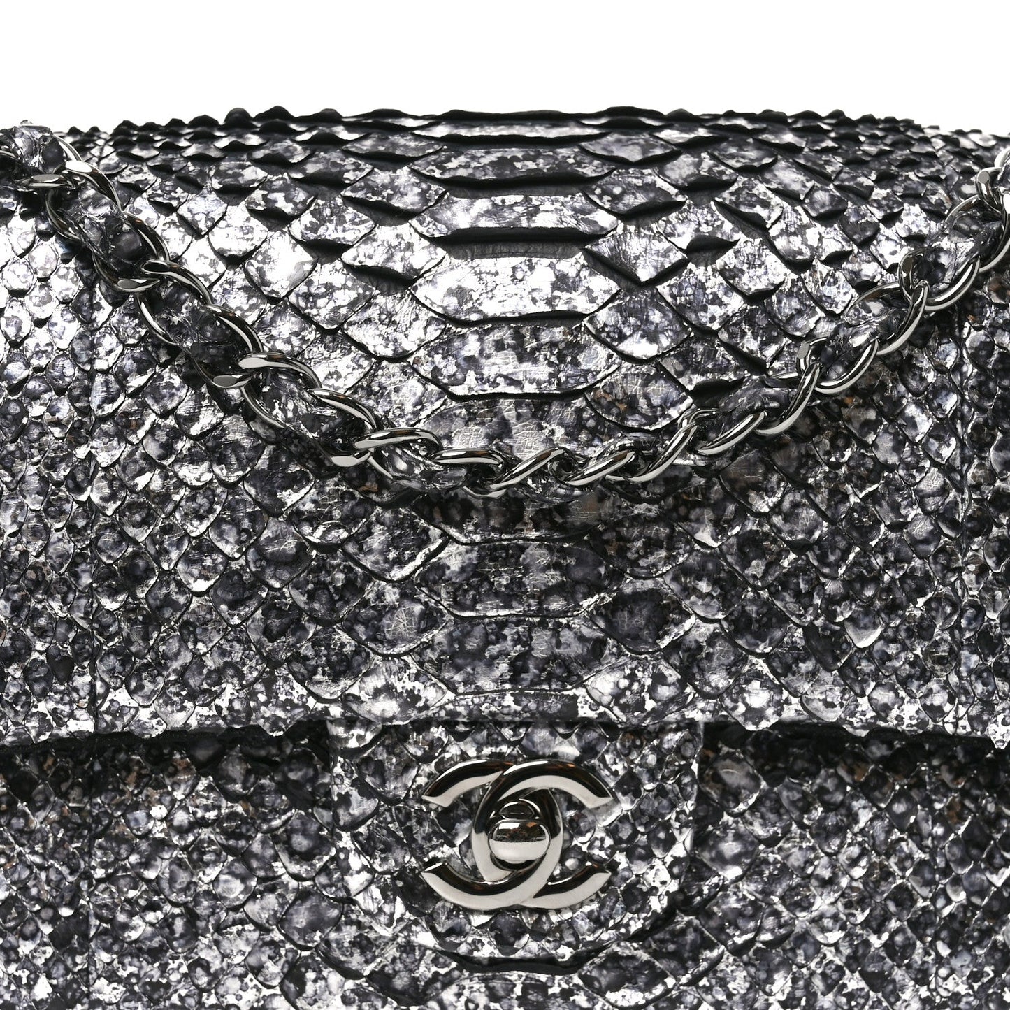 Metallic Snakeskin Medium Double Flap Black Silver