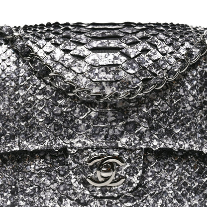 Metallic Snakeskin Medium Double Flap Black Silver