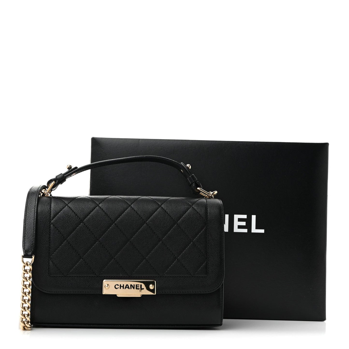 Grained Calfskin Quilted Medium Label Click Flap Bag Black