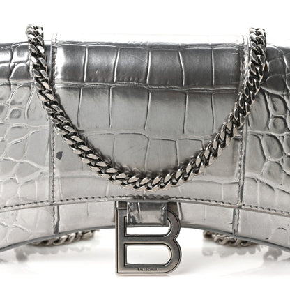 Metallic Calfskin Crocodile Embossed Hourglass Chain Bag Silver