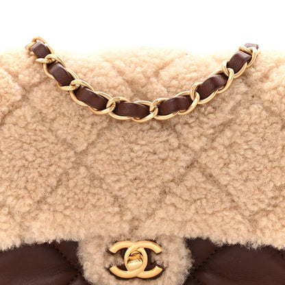 Shearling Lambskin Quilted Mini Furry Coco Flap Beige Dark Brown