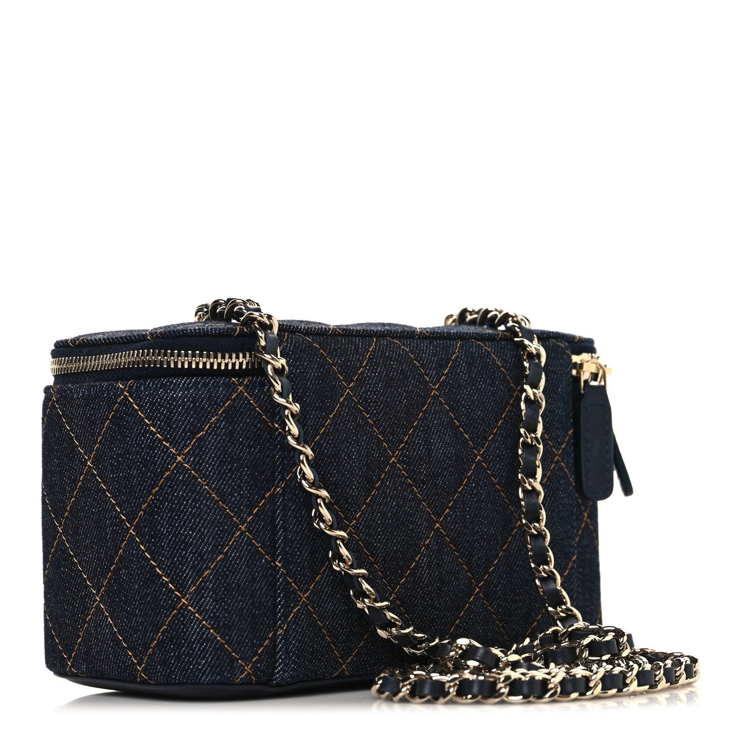 Denim Quilted Vanity Case With Chain Dark Blue
