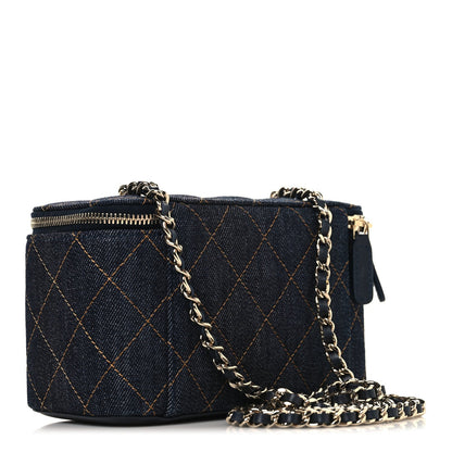 Denim Quilted Vanity Case With Chain Dark Blue