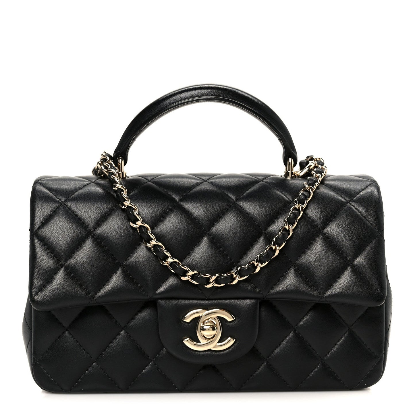 Lambskin Quilted Mini Top Handle Rectangular Flap Black