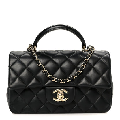 Lambskin Quilted Mini Top Handle Rectangular Flap Black